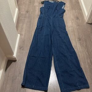 Mixed Denim boatneck Wide Leg Jumpsuit Size Large